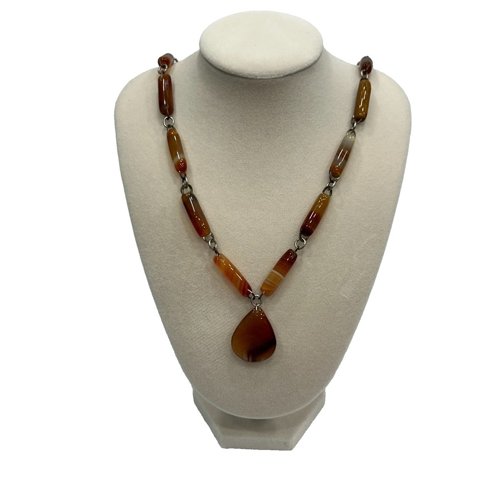 Vintage Banded Agate Teardrop Pendant Necklace Brown Gemstone‎ Jewelry 27.5"